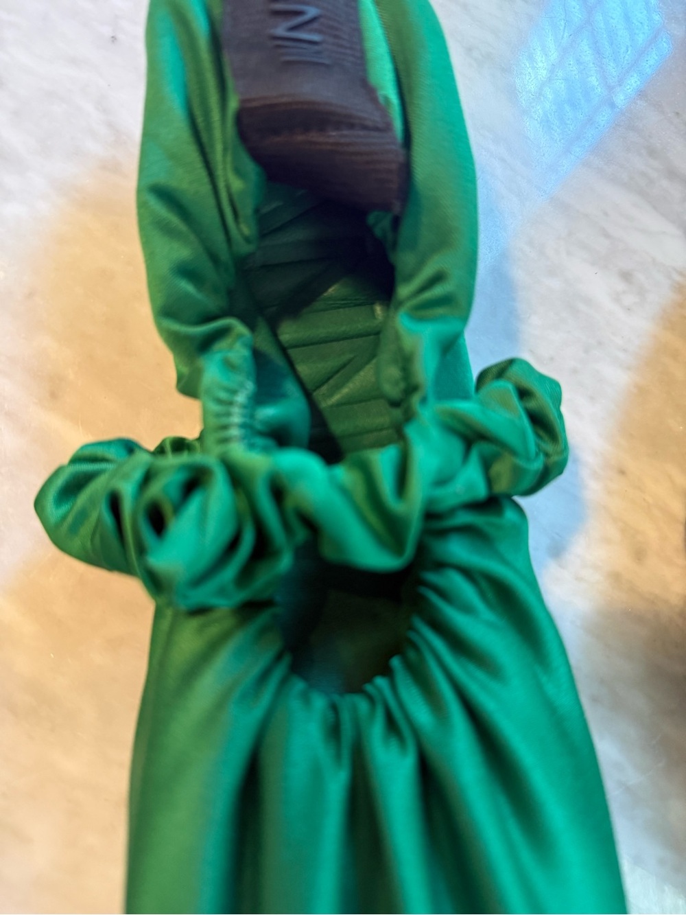 Ganni Emerald Green Satin Ruched Square Ballet Flats - Picture 3 of 4